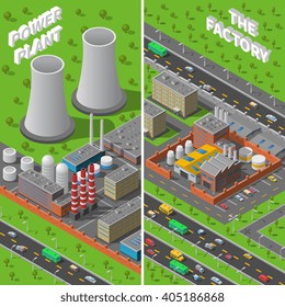 Industrial area 2 vertical isometric banners composition with factory and power plant wide chimneys abstract vector illustration 
