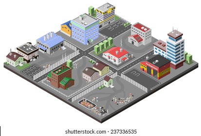 Industrial area concept with isometric plants factories police station and fire department buildings vector illustration