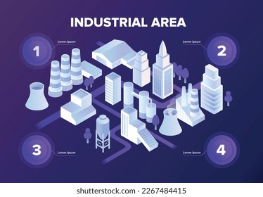 Área industrial oscura. Producción y fábricas, arquitectura urbana moderna. Diseño e infraestructura. mapa y esquema de la ciudad con el centro, distrito. Ilustración vectorial isométrica de dibujos animados