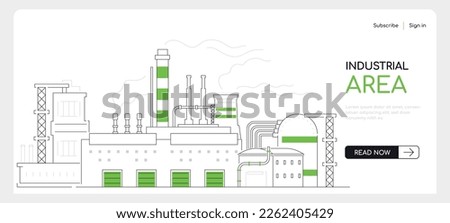 Industrial area - modern thin line design style vector banner on white urban background. Composition with factory that produces goods with chimneys that emit smoke. City and urban architecture idea