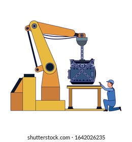 industrial arm holding a car engine and mechanic supervising over white background, vector illustration