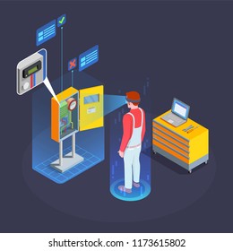 Industrial augmented reality applications isometric composition with virtual assistant controlling automated manufacturing process black background vector illustration 