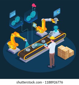 Industrial augmented reality applications isometric composition with computer assisted manufacturing using 3d holographic display technology vector illustration 