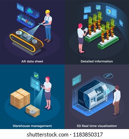 Industrial augmented reality concept 4 applications with 3d real time process  visualization technology isometric set vector illustration  