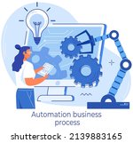 Industrial automated arm for business process automation. Production machine, mechanical industrial automate. Businesswoman working with business automation, modern technical equipment for startup
