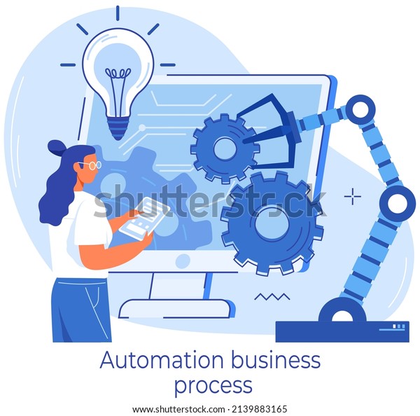 Industrial automated arm for business process\
automation. Production machine, mechanical industrial automate.\
Businesswoman working with business automation, modern technical\
equipment for\
startup