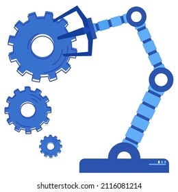 Industrial automated arm for conveyor. Production machine for factory automation, conveyor assembly, mechanical industrial automate. Robotic arm picks up gear. Technical production equipment