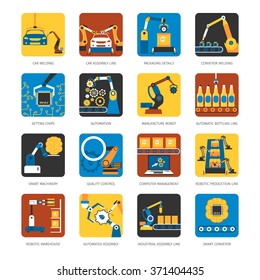 Industrial automated assembly line flat icons set with computer controlled manufacturing machinery robots abstract isolated vector illustration