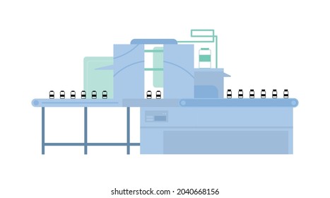 Industrial Automated Line Mass Vaccine Covid-19 Production On Pharmaceutical Factory. Conveyor For Packaging Of Medicine In Glass Vials. Flat Vector Illustration Isolated On White.