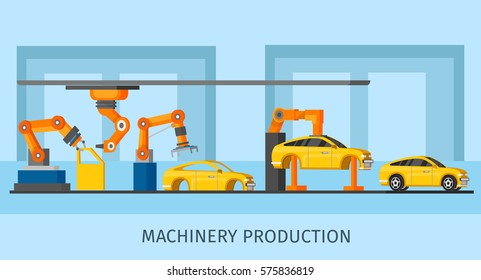 Industrial Automated Machinery Manufacturing Template With Robotic Arms And Manipulators Working On Assembly Line Vector Illustration