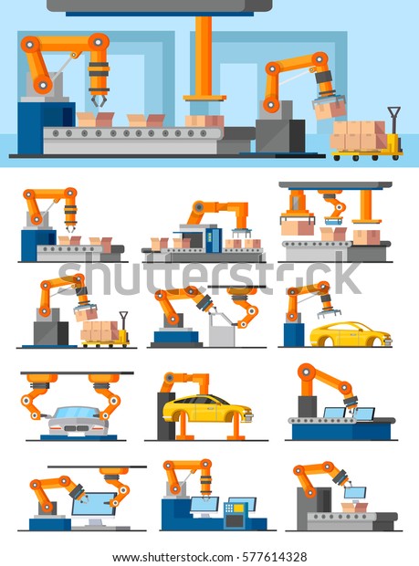Industrial automated\
manufacturing concept with robotic arms and mechanical loaders\
isolated vector\
illustration