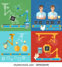 Industrial automated modern technology assembly line process of assembling computers operator conveyor creation of microchips vector illustration  