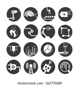 industrial automated robot icons, mechanical engineering icons