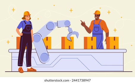 Concepto de sistema automatizado industrial. Hombre y mujer cerca de la cinta transportadora. Procesos industriales y de fábrica. Embalaje de cajas de cartón. Ilustración plana del vector de la historieta aislada en fondo beige