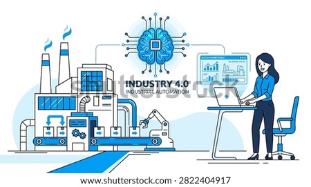 Industrial automation concept featuring smart technology, AI factory systems, and remote operations.