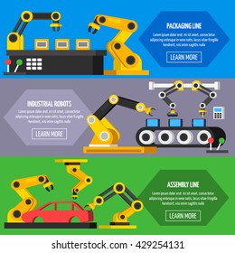 Industrial automation conveyor  robotic hands for manufacture orthogonal horizontal banners with packaging and assembly line flat isolated vector illustration