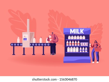 Industrial Automation Process. Man Take Milk Bottle from Factory Conveyor Belt. Production on Transporter Line. Woman Customer Take Dairy Product on Supermarket Shelf. Cartoon Flat Vector Illustration