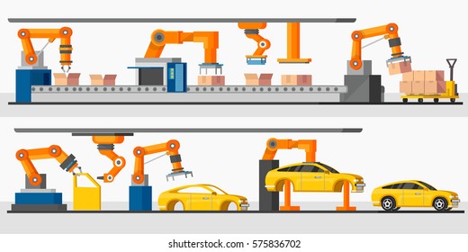 Industrial automation robot horizontal banners with automated packing and machinery production processes vector illustration