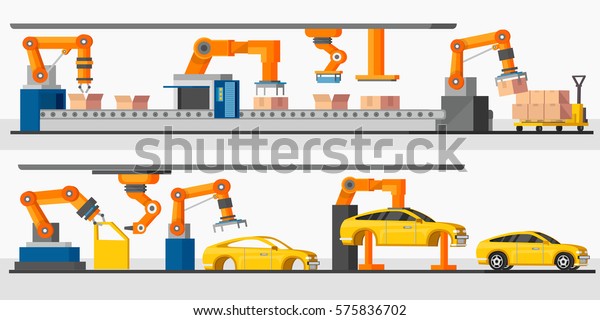 Vector De Stock Libre De Regalias Sobre Automatizacion Industrial Robots Banners Horizontales Con