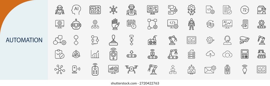 Conjunto de iconos de automatización industrial e inteligencia artificial robótica, Vector de línea delgada