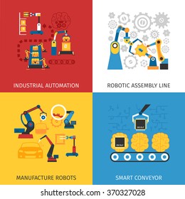 Industrial automation robotic assembly line 4 flat icons square composition design abstract isolated vector illustration