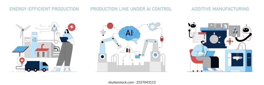 Industrial automation set. Illustrations of energy efficiency, AI-controlled production line, and additive manufacturing. Integrating renewables and robots in industry. Vector illustration.