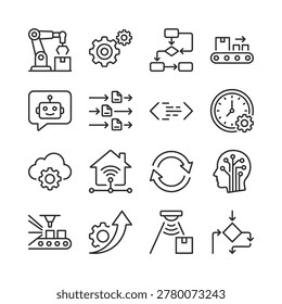 Industrial automation and smart technology process line icons for factory workflow systems