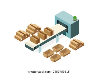 Industrial automation systems. Automatic technology. Conveyor belt for packing products in cardboard boxes. Vector illustration