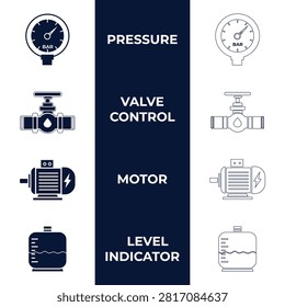 Industrial automation vector icon set with pressure gauge manometer, pipeline valve control, electric motor pump, and liquid level indicator tank