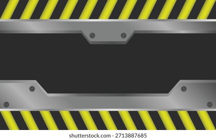 An industrial background features a dark central area bordered by silver metal plates and yellow-and-black hazard stripes.