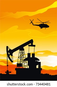 Industrial background  at petroleum. Vector black silhouettes of Pump jacks and helicopter at Orange sky