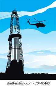 Industrial background  at petroleum. Vector background of drilling rig and helicopter silhouettes on blue sky
