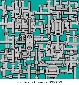 Industrial background. Pipeline, electric bulbs, machine gears. Steampunk style