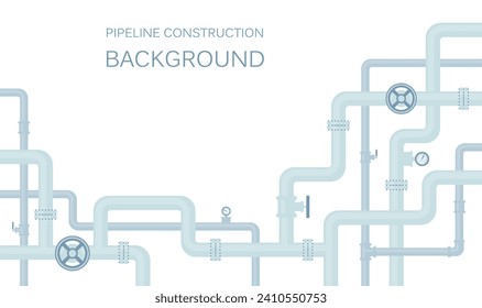 Industrial background with pipeline. Oil, water or gas pipeline with fittings and valves.