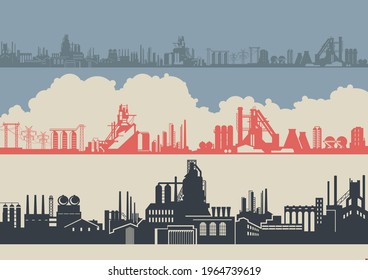 Industrial Background, Retro Propaganda Posters Stylization, Plant, Factory Silhouettes, Chimney, Power Lines