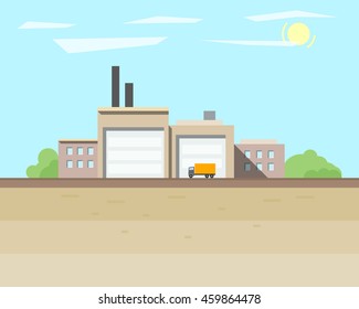 Industrial background with small factory and truck. Vector illustration.