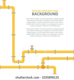 Industrial background with yellow pipeline. Oil, water or gas pipeline with fittings and valves. Vector illustration in a flat style.