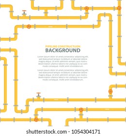 Industrial background with yellow pipeline. Oil, water or gas pipeline with fittings and valves. Vector illustration in a flat style.