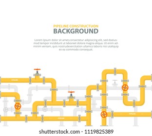 Industrial background with yellow pipeline. Oil, water or gas pipeline with fittings and valves. Vector illustration in a flat style.