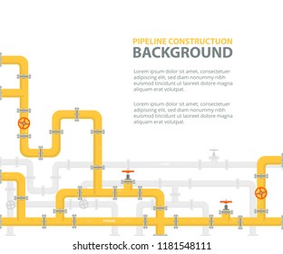 Industrial background with yellow pipeline. Oil, water or gas pipeline with fittings and valves. Vector illustration in a flat style.