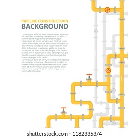 Industrial background with yellow pipeline. Oil, water or gas pipeline with fittings and valves. Vector illustration in a flat style.