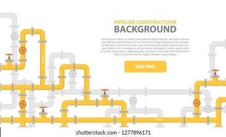 Industrial background with yellow pipeline. Oil, water or gas pipeline with fittings and valves. Web banner template. Vector illustration in a flat style.