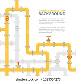 Industrial background with yellow pipeline. Oil, water or gas pipeline with fittings and valves. Vector illustration in a flat style.