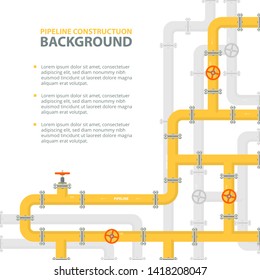 Industrial background with yellow pipeline. Oil, water or gas pipeline with fittings and valves. Web banner template. Vector illustration in a flat style.