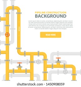 Industrial background with yellow pipeline. Oil, water or gas pipeline with fittings and valves. Web banner template. Vector illustration in a flat style.