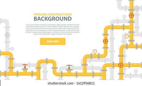 Industrial background with yellow pipeline. Oil, water or gas pipeline with fittings and valves. Web banner template. Vector illustration in a flat style.