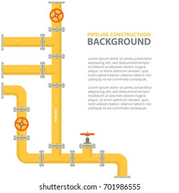 Industrial background with yellow pipeline. Oil, water or gas pipeline with fittings and valves. Vector illustration in a flat style.