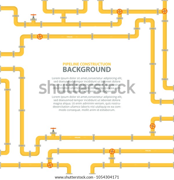 黄色管道的工业背景。 带配件和阀门的石油、水或天然气管道。 平面样式 