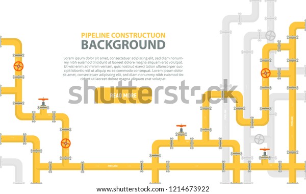 Industrial background with yellow pipeline.\
Oil, water or gas pipeline with fittings and valves. Web banner\
template. Vector illustration in a flat\
style.