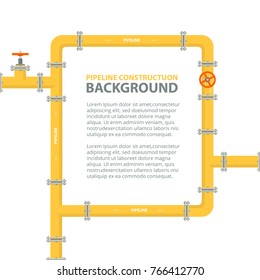 Industrial Background With Yellow Pipeline. Pipes In Shape Frame For Text. Oil, Water Or Gas Pipeline With Fittings And Valves. Vector Illustration.